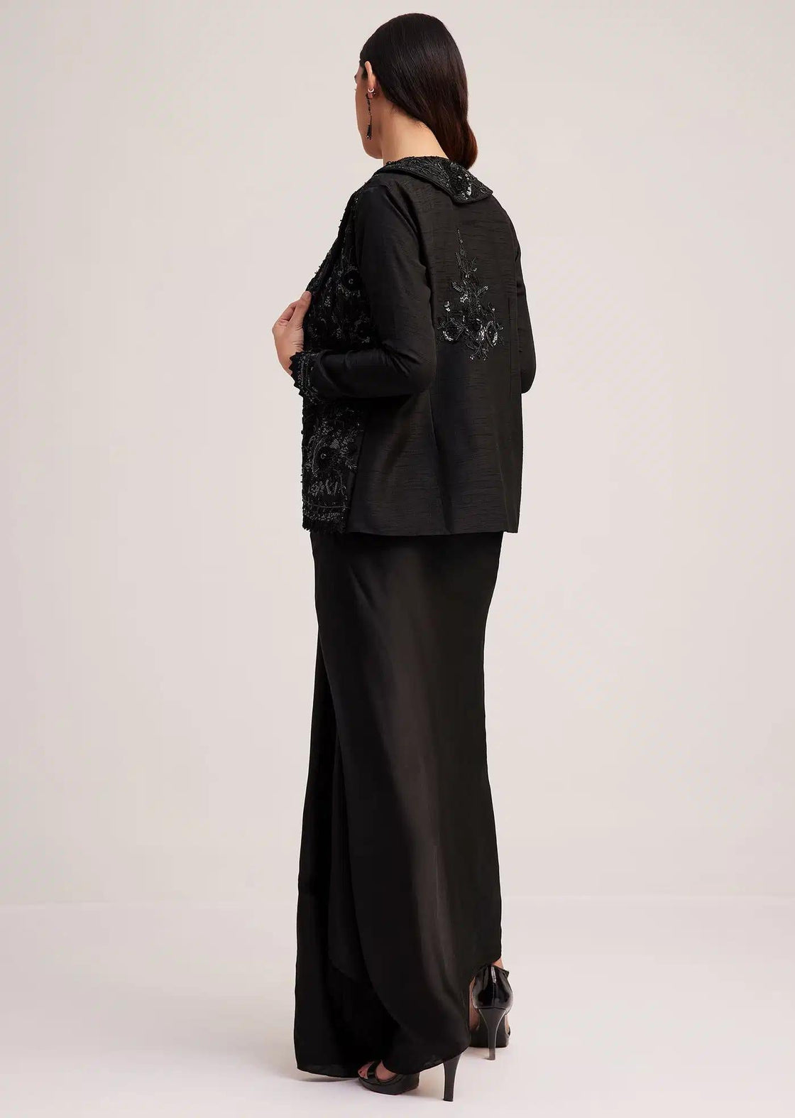 Skirt And Jacket Set With Embellished Crop Top In Black