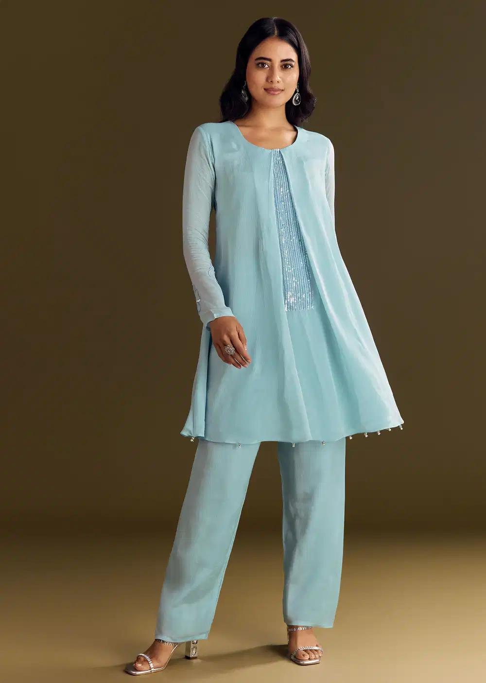 Sky Blue Chinon Kurta Pant Ensemble With Sequins Embroidery Outfit