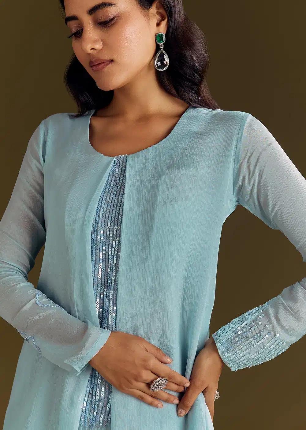 Sky Blue Chinon Kurta Pant Ensemble With Sequins Embroidery Outfit