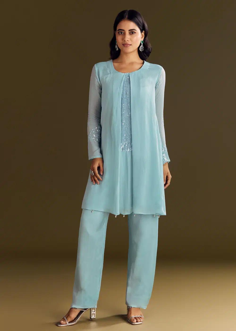 Sky Blue Chinon Kurta Pant Ensemble With Sequins Embroidery Outfit