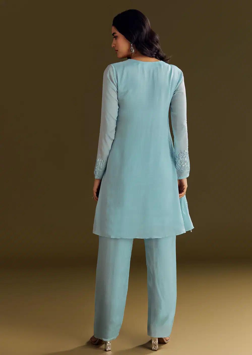 Sky Blue Chinon Kurta Pant Ensemble With Sequins Embroidery Outfit