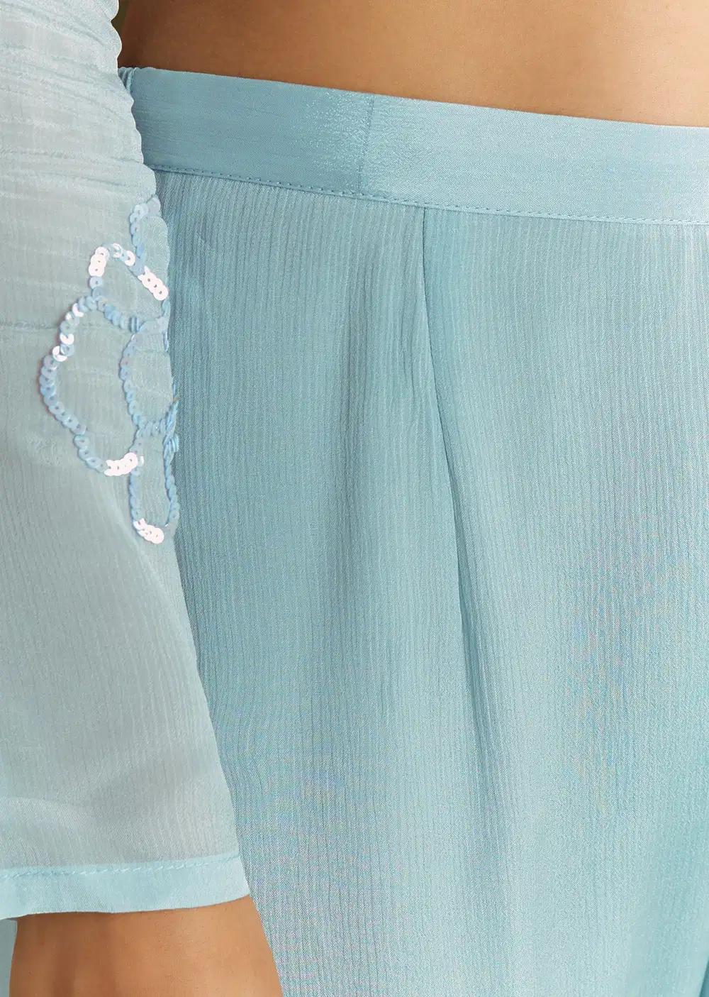 Sky Blue Chinon Kurta Pant Ensemble With Sequins Embroidery Outfit