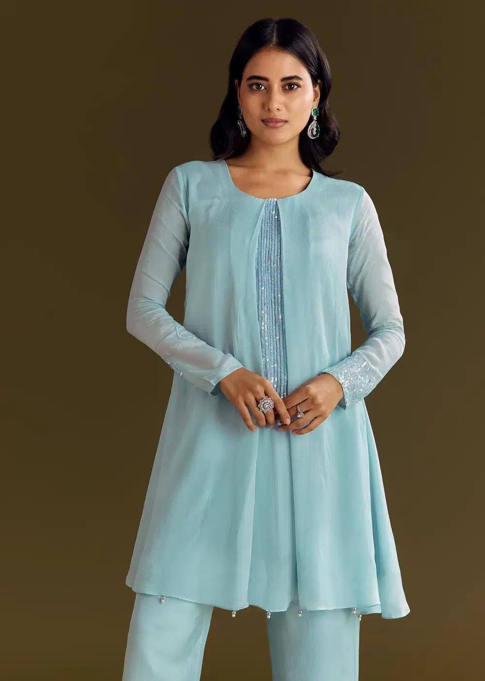 Sky Blue Chinon Kurta Pant Ensemble With Sequins Embroidery Outfit