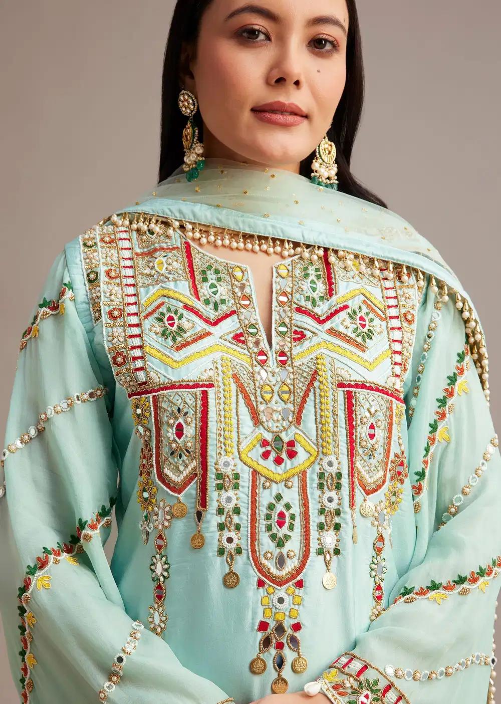 Sky Blue Silk Kurta Ensemble With Mirror And Thread Work Outfit