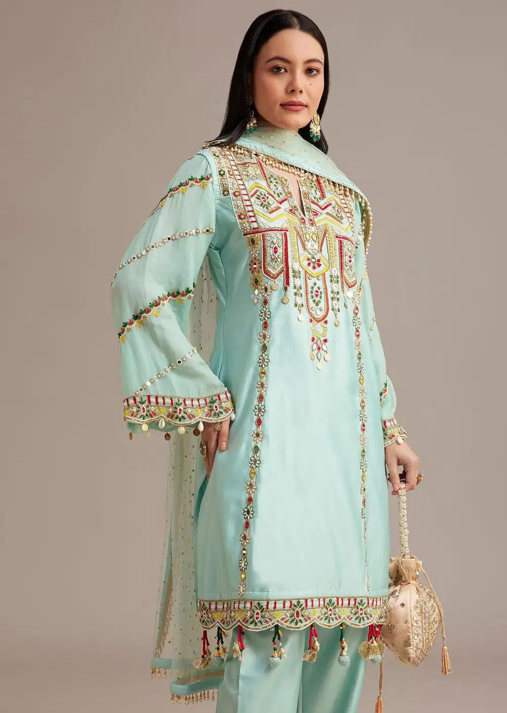Sky Blue Silk Kurta Ensemble With Mirror And Thread Work Outfit