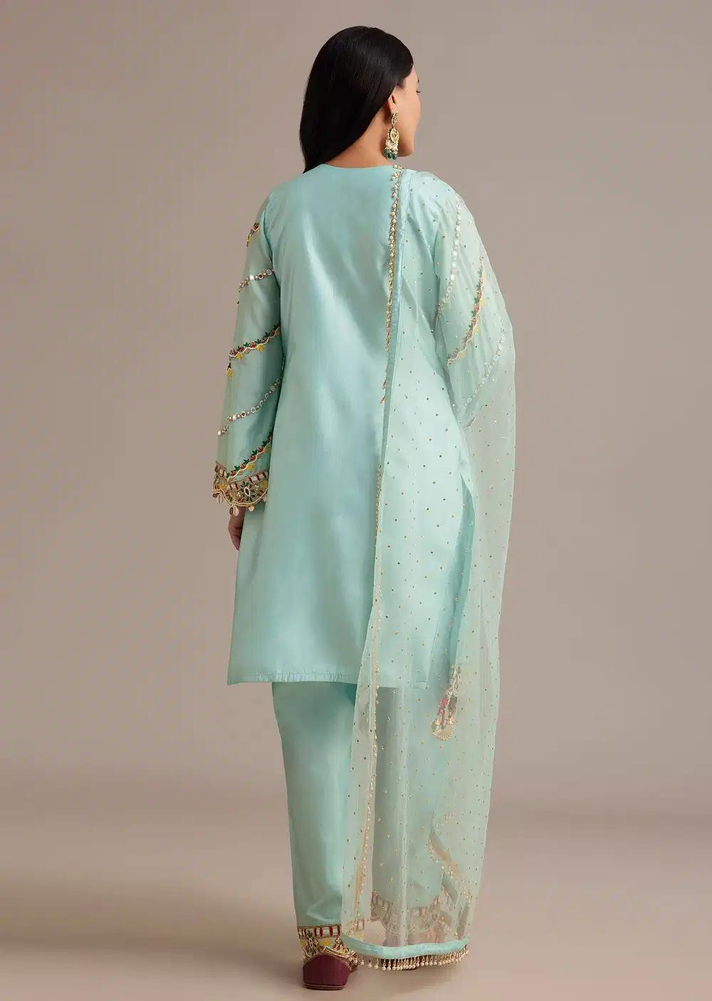 Sky Blue Silk Kurta Ensemble With Mirror And Thread Work Outfit