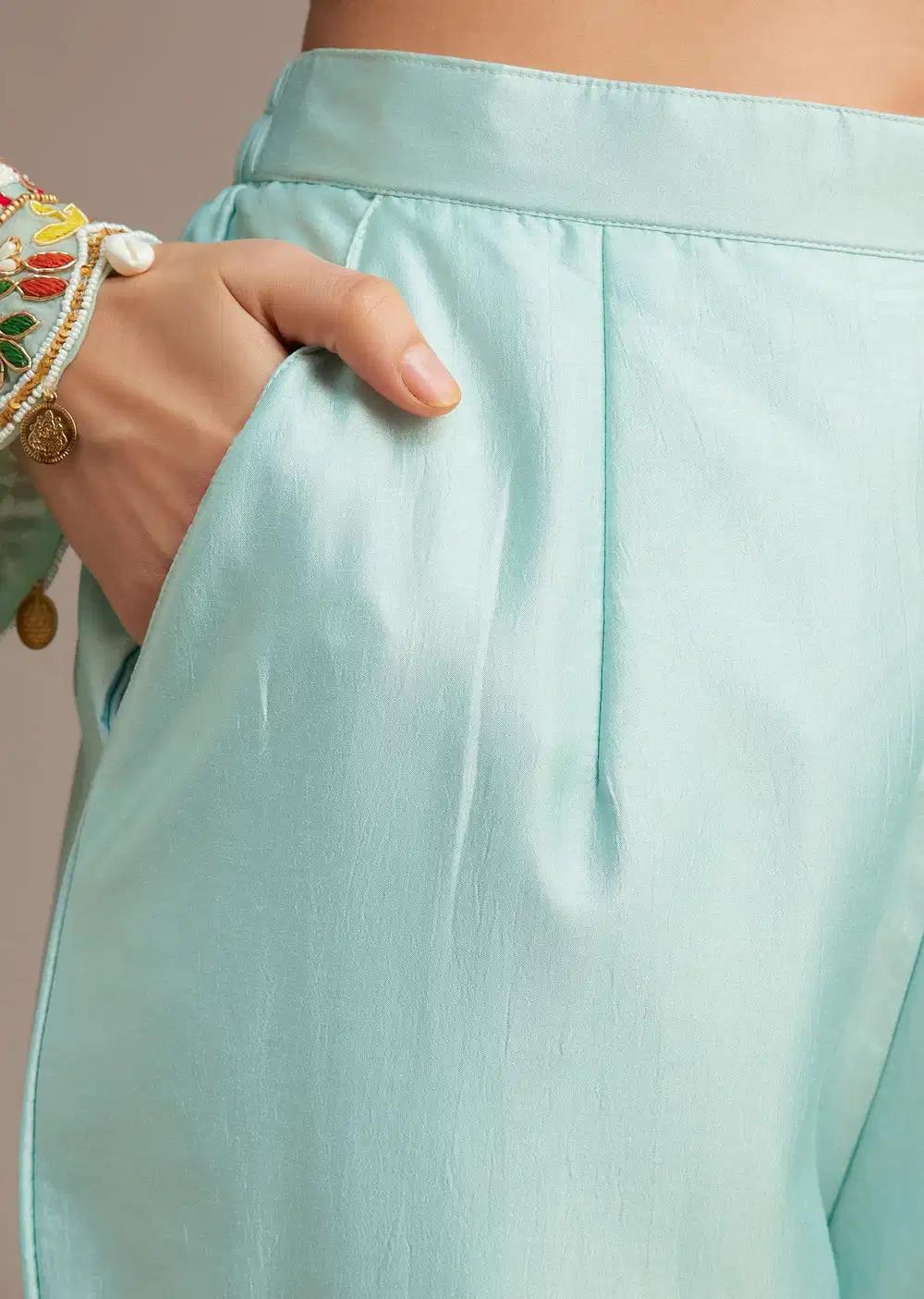 Sky Blue Silk Kurta Ensemble With Mirror And Thread Work Outfit