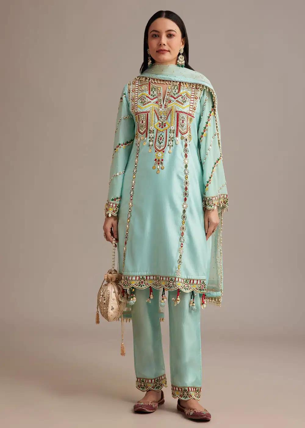 Sky Blue Silk Kurta Ensemble With Mirror And Thread Work Outfit