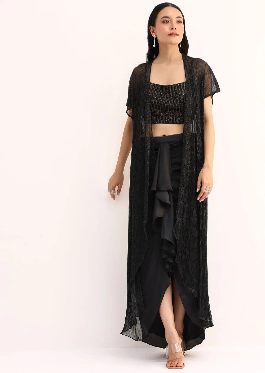 Stone Embroidered Black Silk Crop Top Set With Jacket