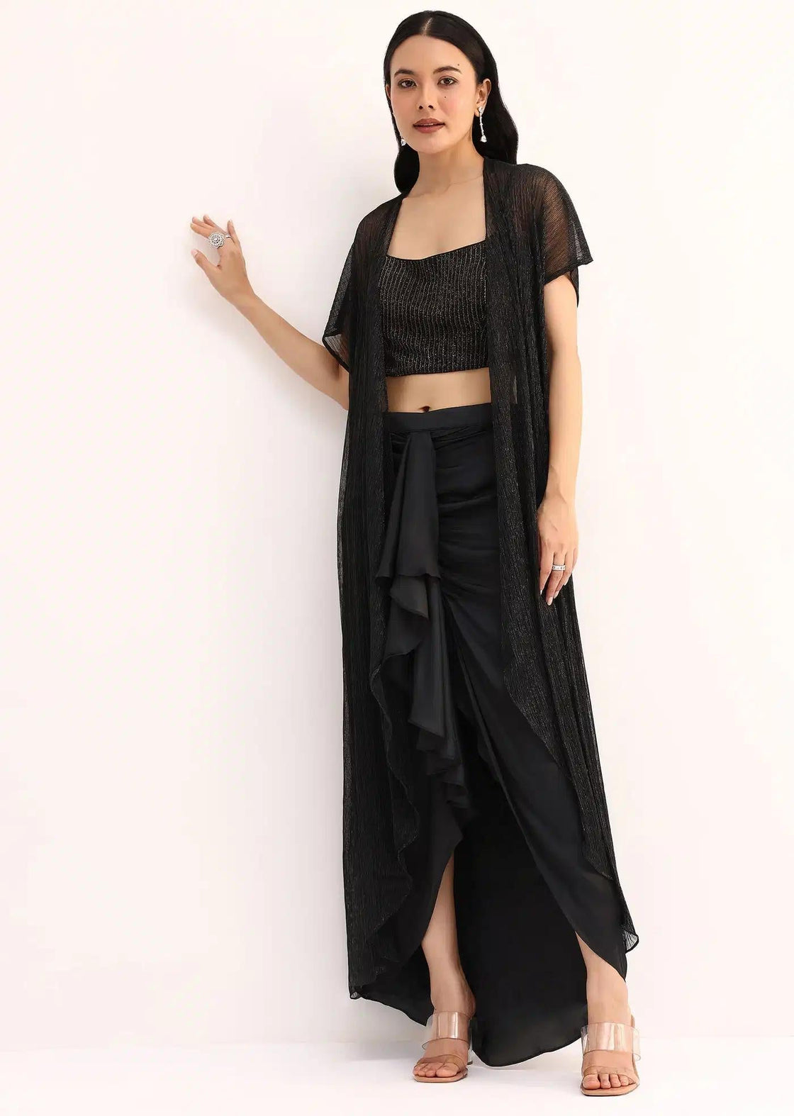 Stone Embroidered Black Silk Crop Top Set With Jacket