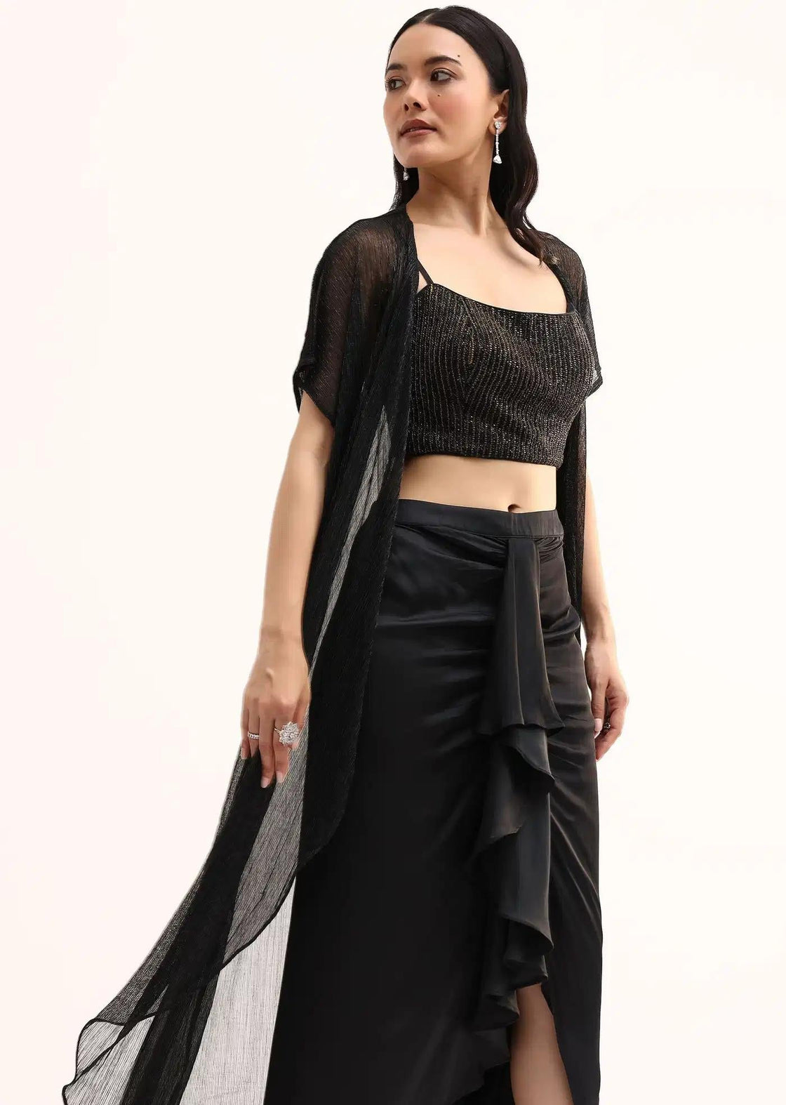 Stone Embroidered Black Silk Crop Top Set With Jacket