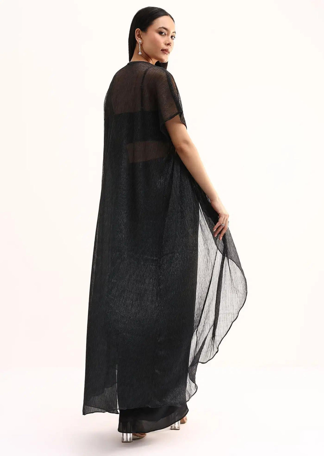 Stone Embroidered Black Silk Crop Top Set With Jacket