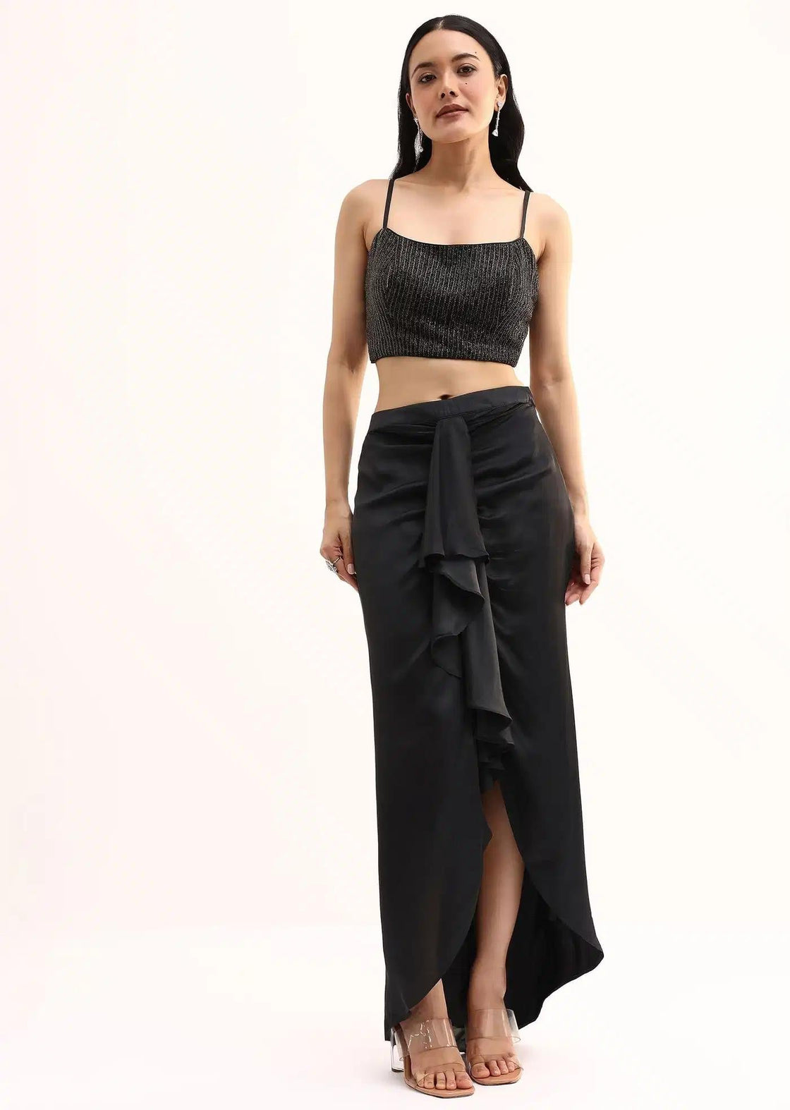 Stone Embroidered Black Silk Crop Top Set With Jacket