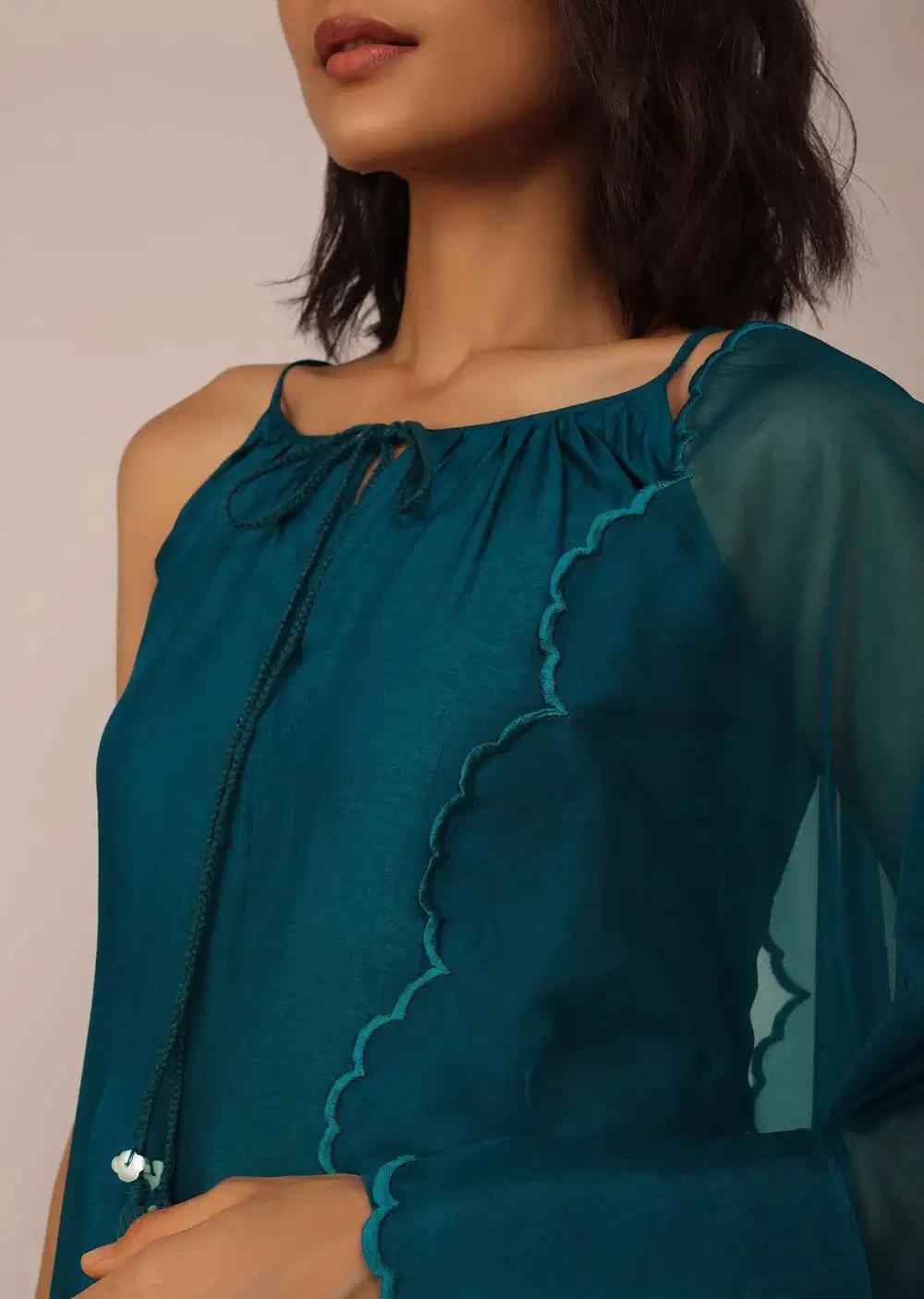 Teal Blue Plain Suit Ensemble In Art Silk With Tassels Adorned Dupatta