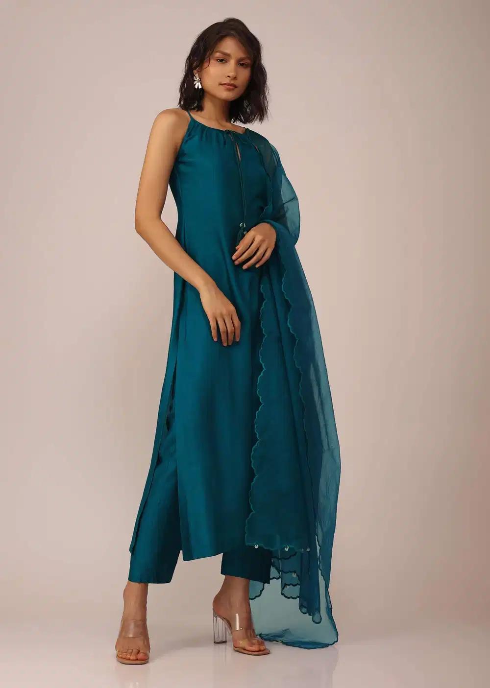 Teal Blue Plain Suit Ensemble In Art Silk With Tassels Adorned Dupatta