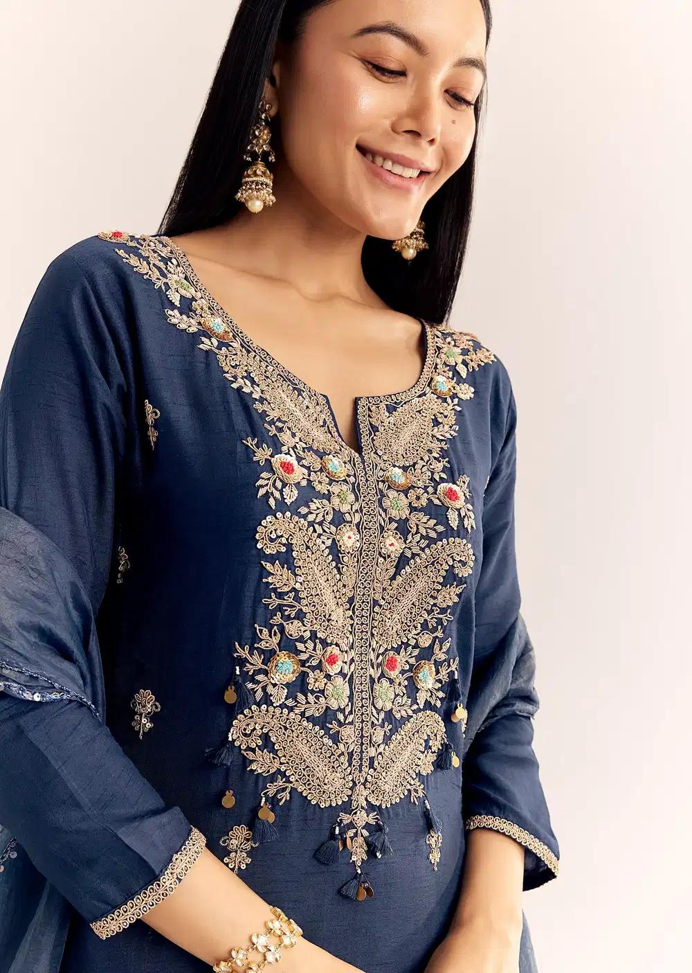 Teal Zardosi Work Kurta Pant With Dupatta Outfit