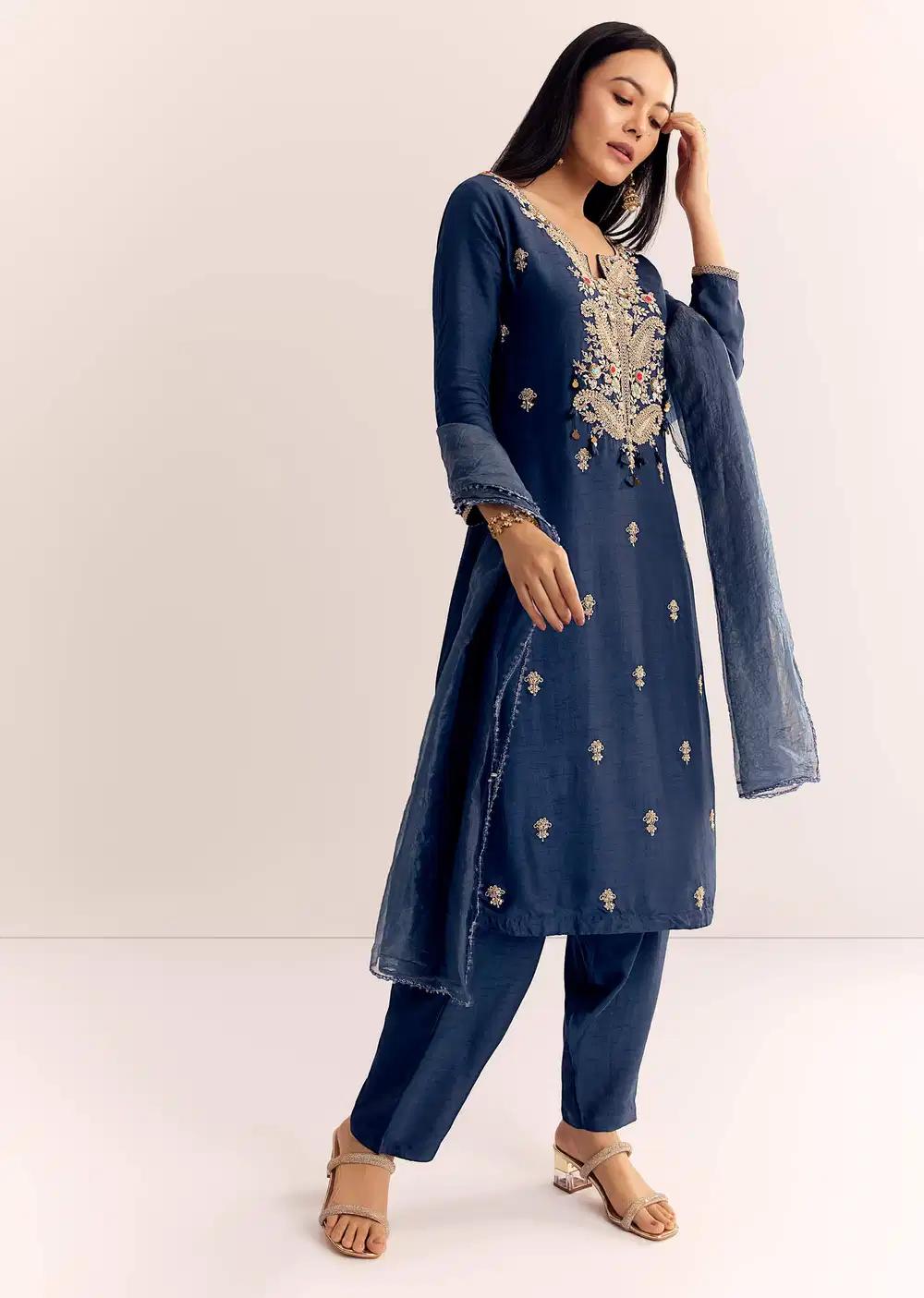 Teal Zardosi Work Kurta Pant With Dupatta Outfit