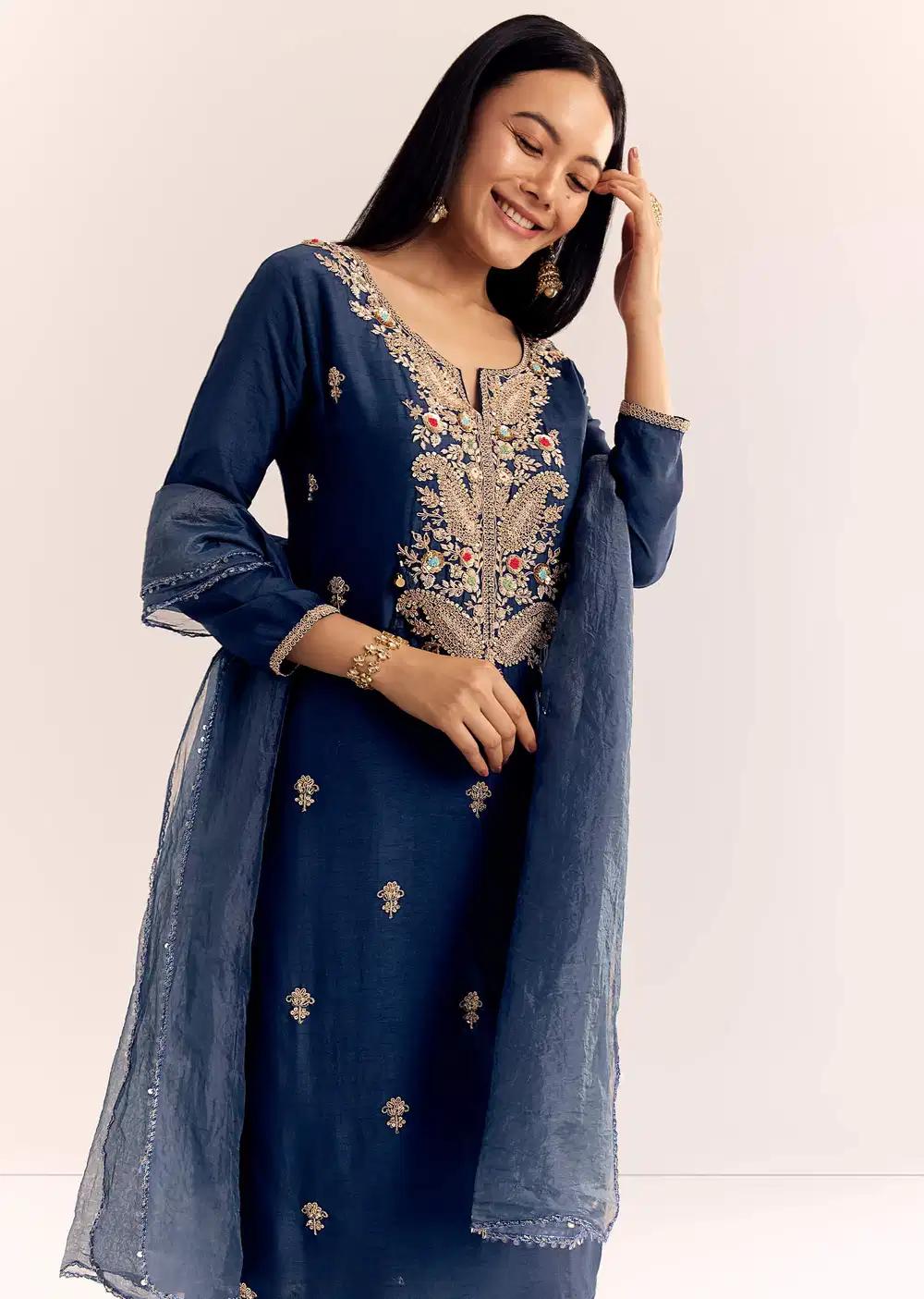 Teal Zardosi Work Kurta Pant With Dupatta Outfit
