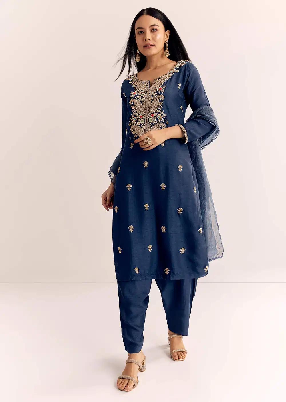 Teal Zardosi Work Kurta Pant With Dupatta Outfit