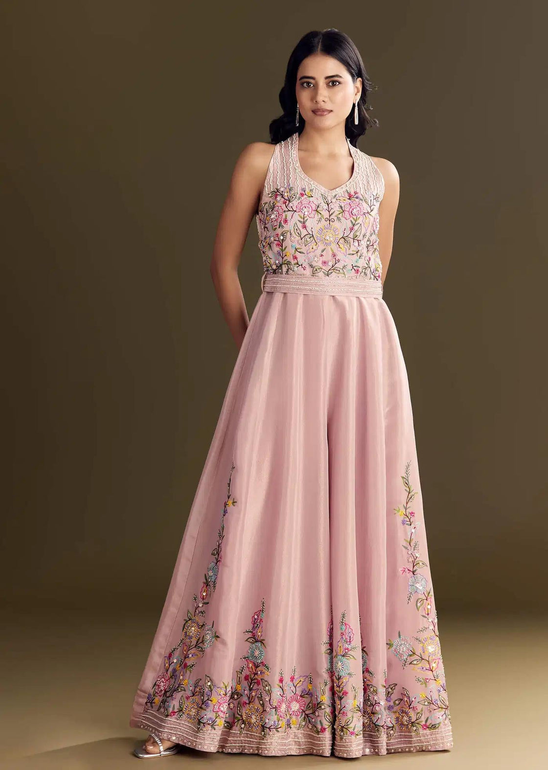 Tissue Jumpsuit In Baby Pink With Halter Neck And Beaded Belt