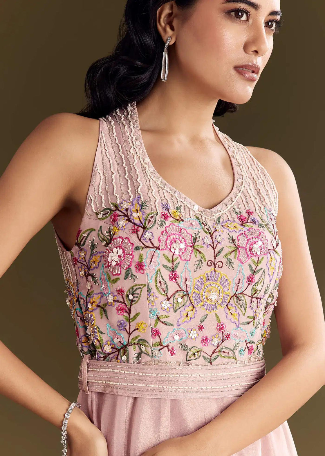 Tissue Jumpsuit In Baby Pink With Halter Neck And Beaded Belt