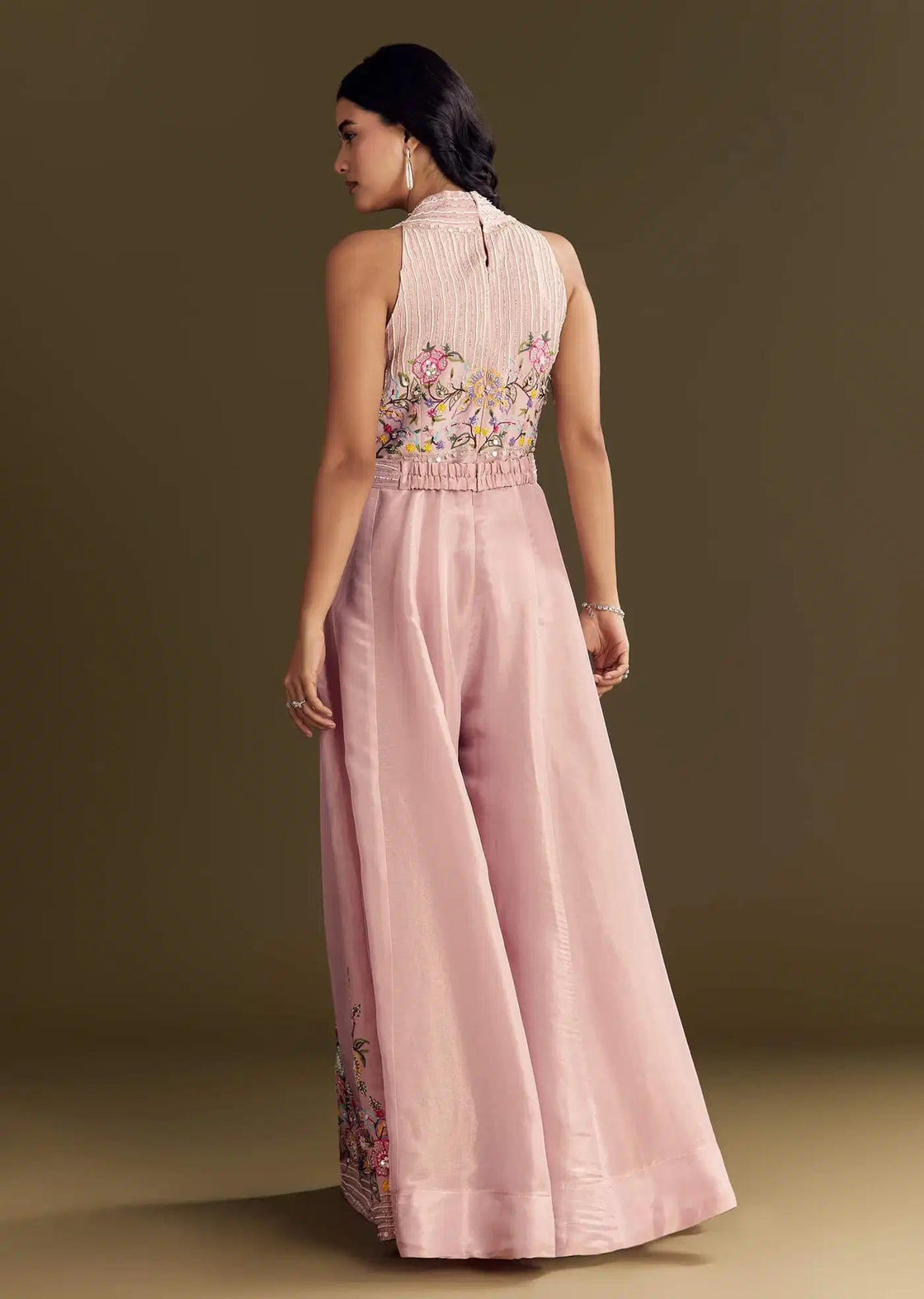 Tissue Jumpsuit In Baby Pink With Halter Neck And Beaded Belt
