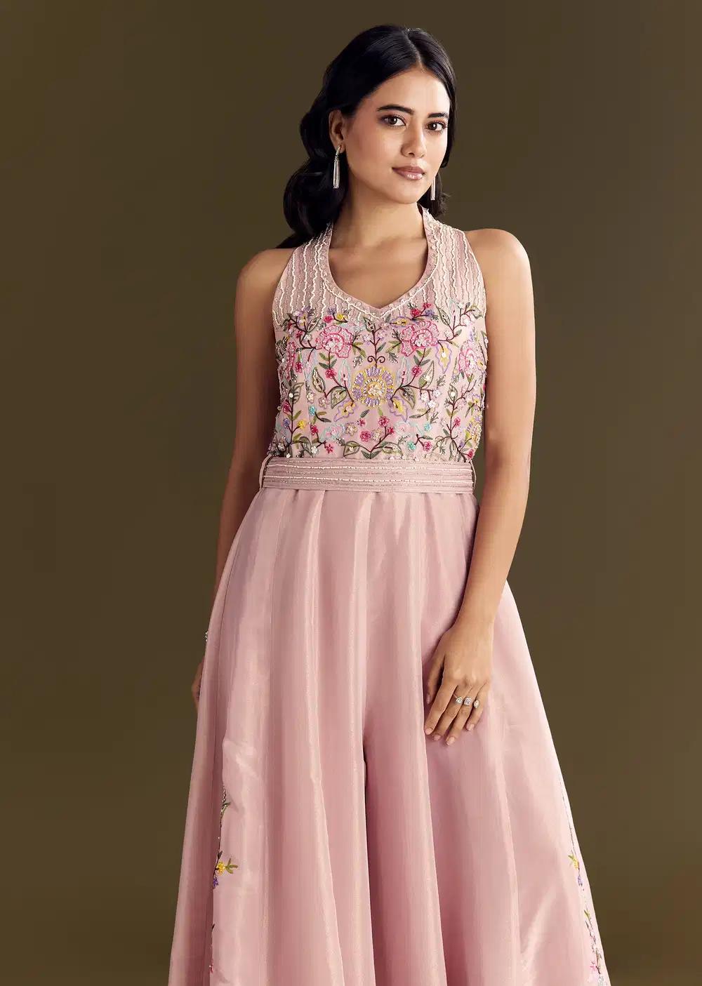 Tissue Jumpsuit In Baby Pink With Halter Neck And Beaded Belt