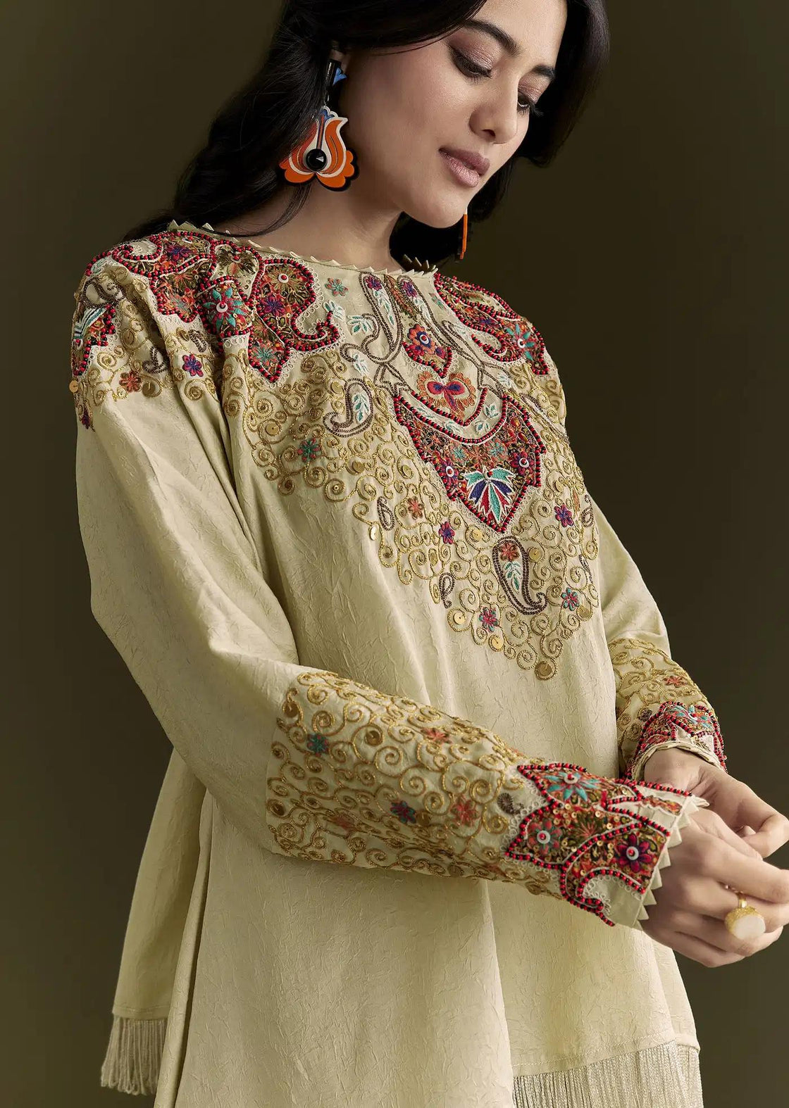 Tussar Silk Beige Kurta Skirt Set With Threadwork Details 1