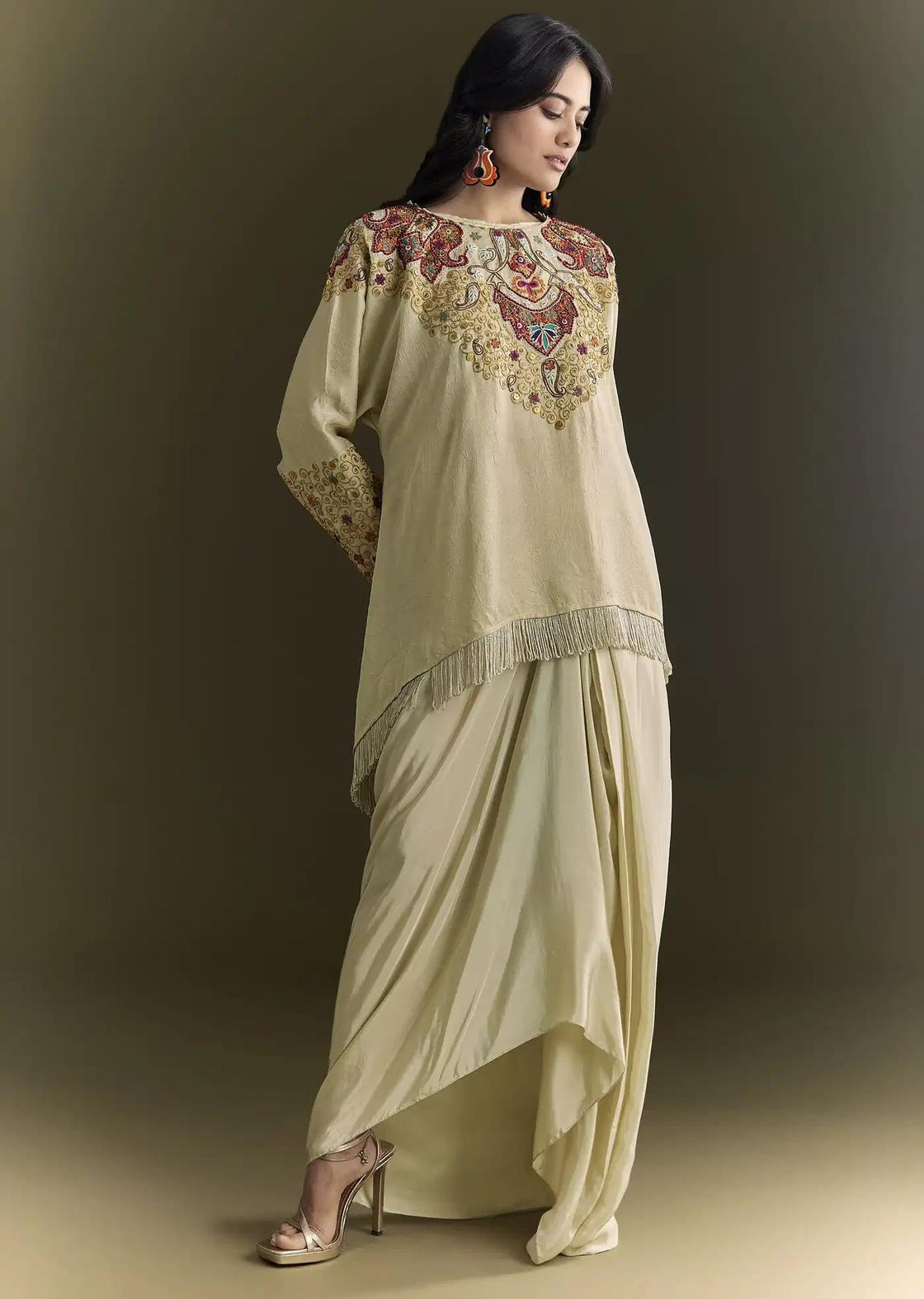 Tussar Silk Beige Kurta Skirt Set With Threadwork Details 1