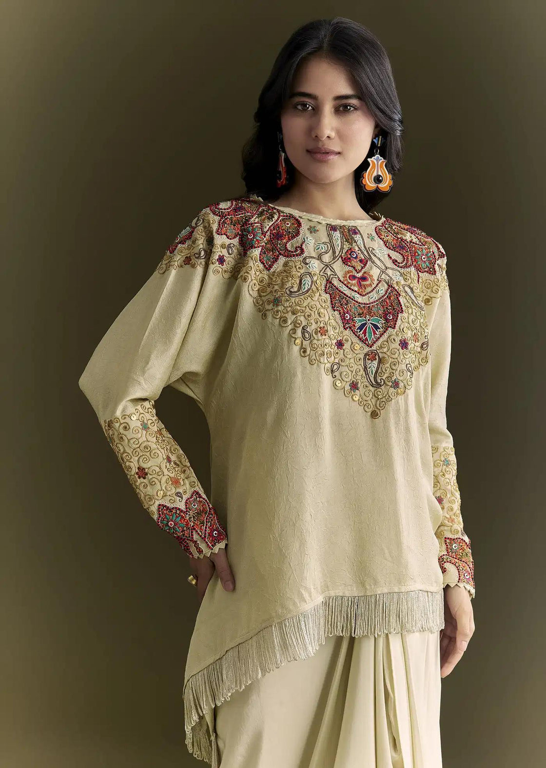 Tussar Silk Beige Kurta Skirt Set With Threadwork Details 1