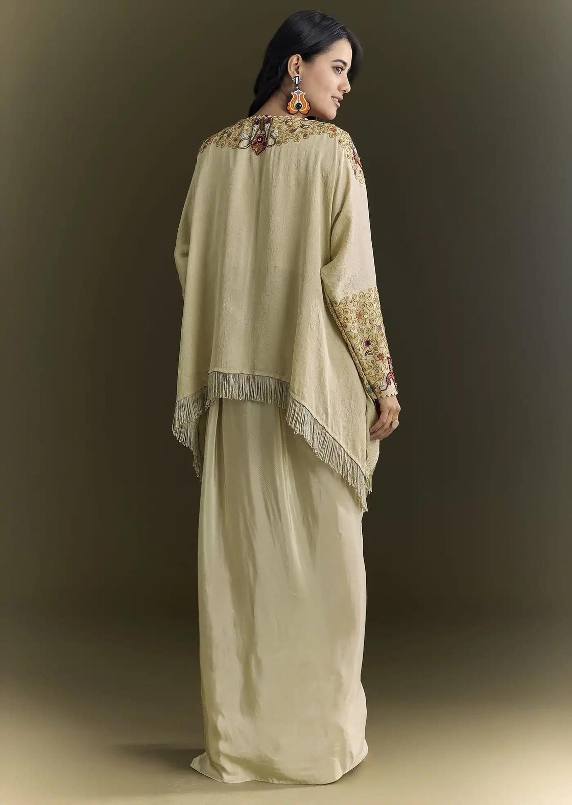 Tussar Silk Beige Kurta Skirt Set With Threadwork Details 1