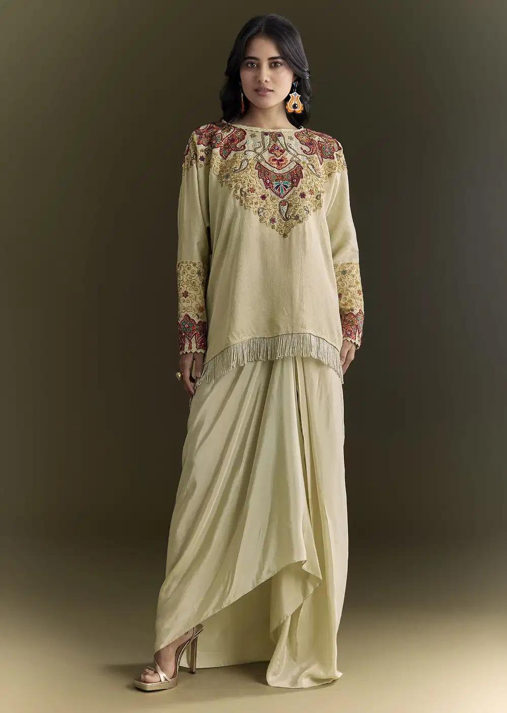 Tussar Silk Beige Kurta Skirt Set With Threadwork Details 1