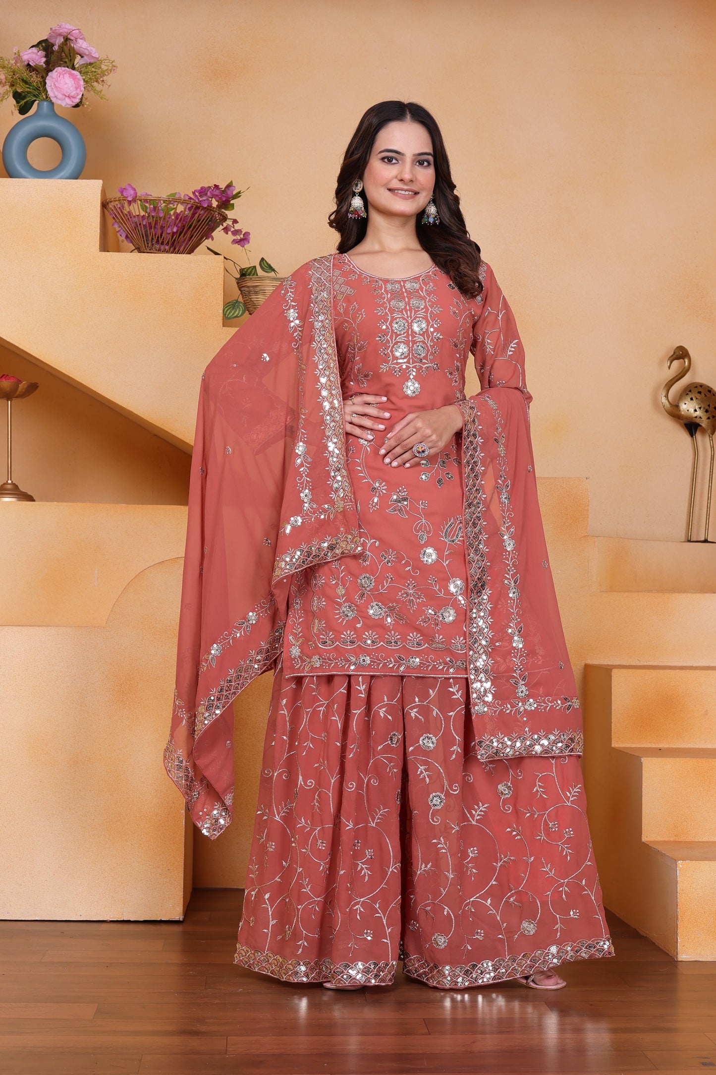 Designer Embroidered Fox Georgette Sharara Suit With Sequence Embroidered Work