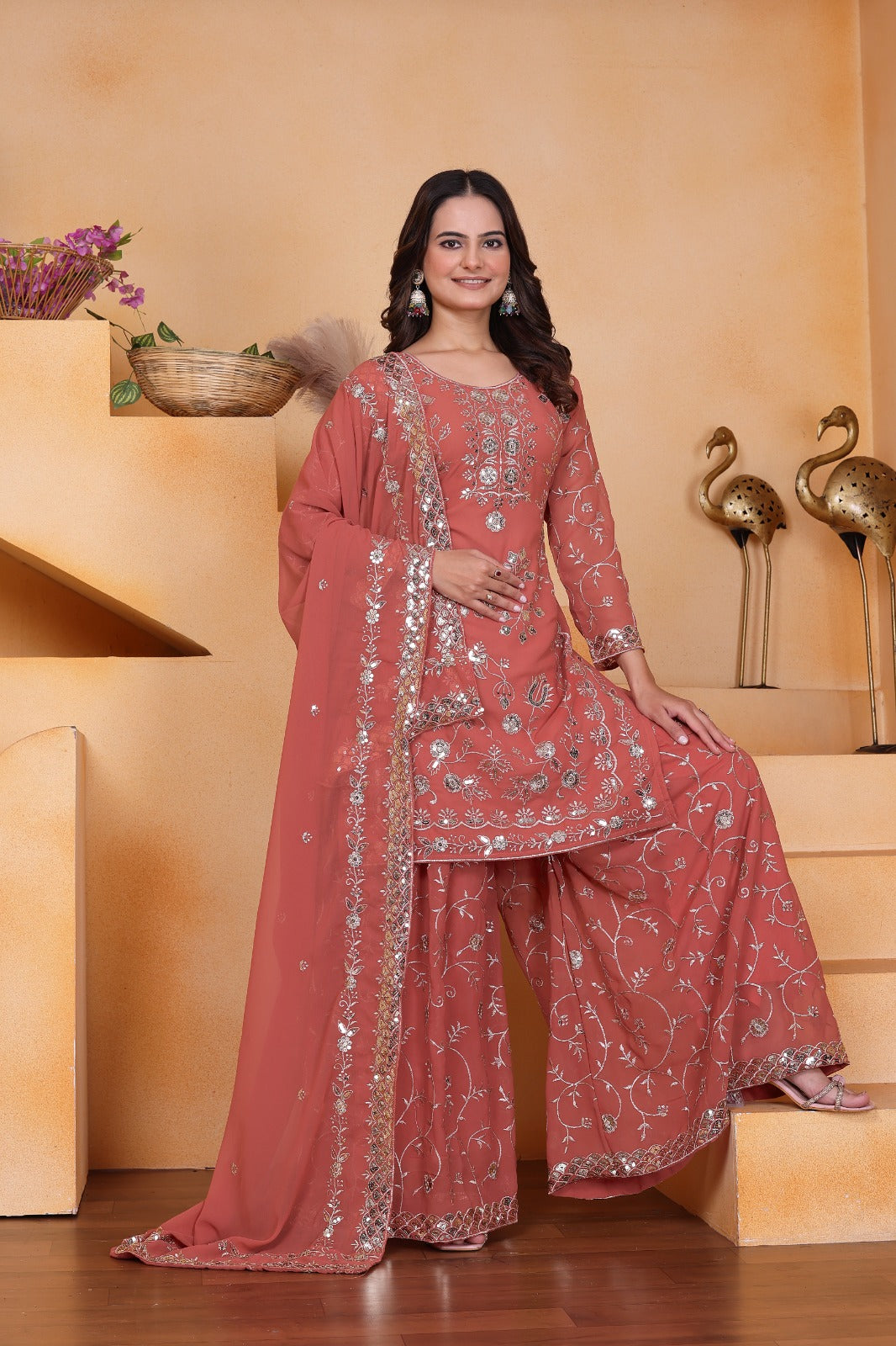 Designer Embroidered Fox Georgette Sharara Suit With Sequence Embroidered Work