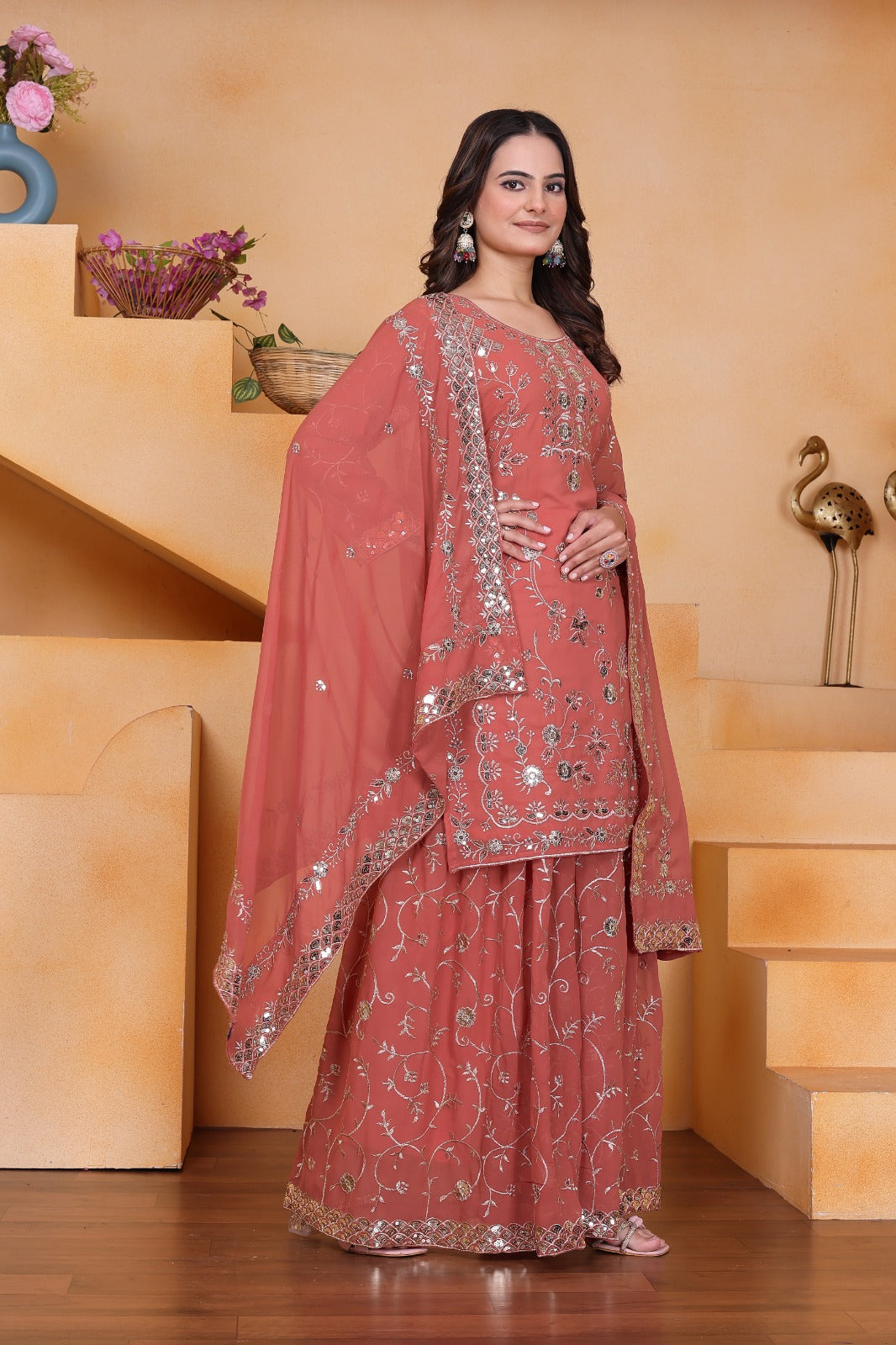 Designer Embroidered Fox Georgette Sharara Suit With Sequence Embroidered Work