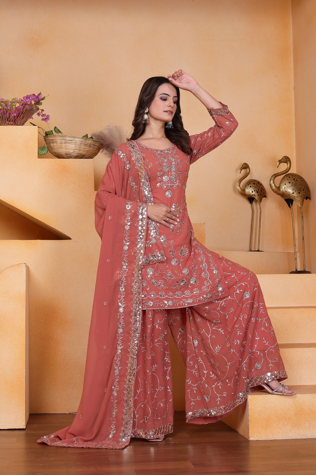 Designer Embroidered Fox Georgette Sharara Suit With Sequence Embroidered Work