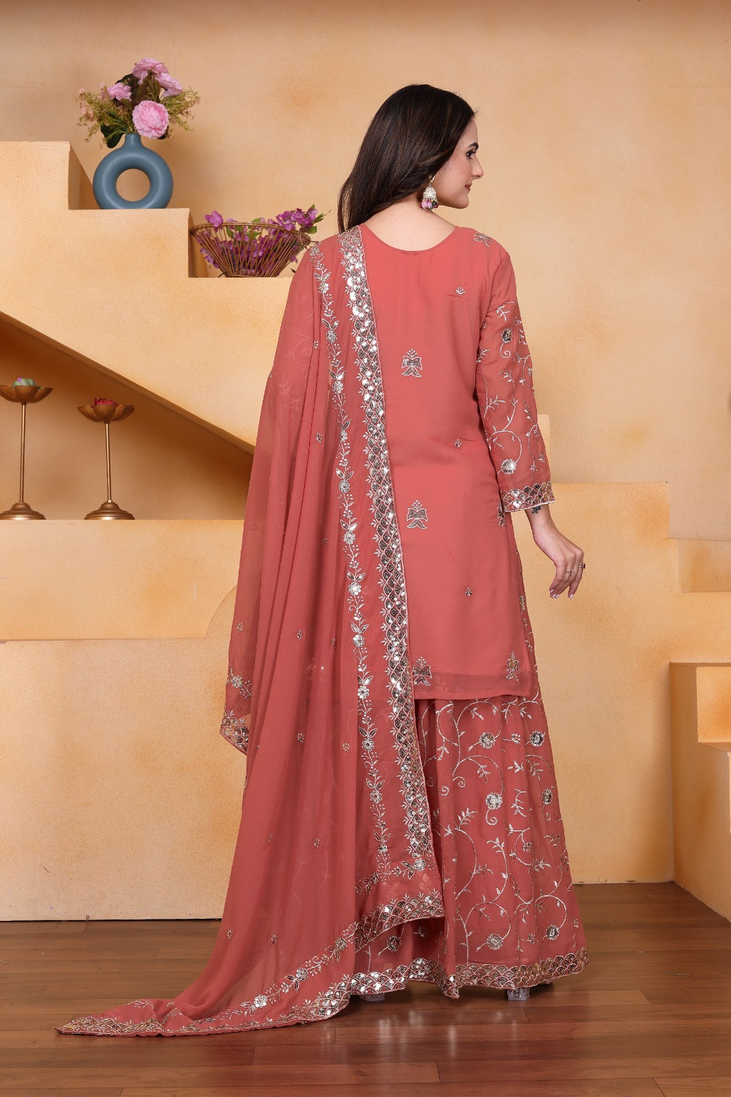 Designer Embroidered Fox Georgette Sharara Suit With Sequence Embroidered Work