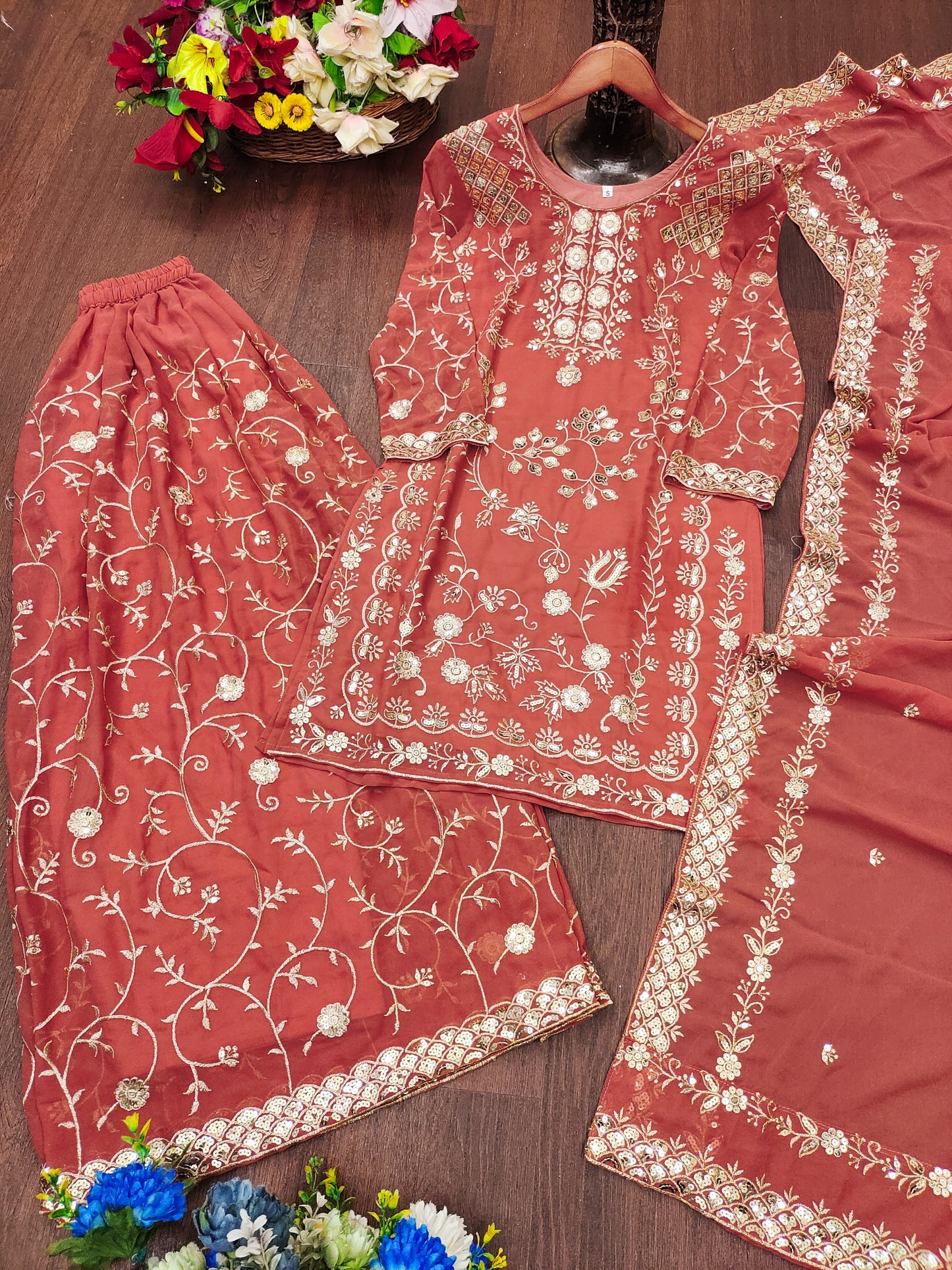 Designer Embroidered Fox Georgette Sharara Suit With Sequence Embroidered Work