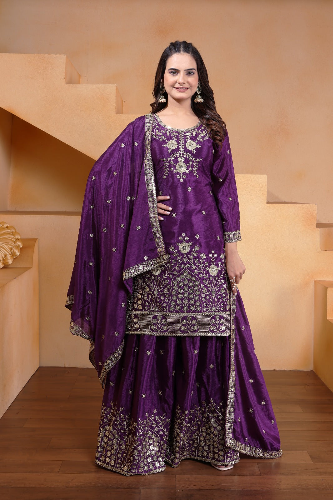 Designer Embroidered Chinon Sharara Suit With Sequence Embroidered Work