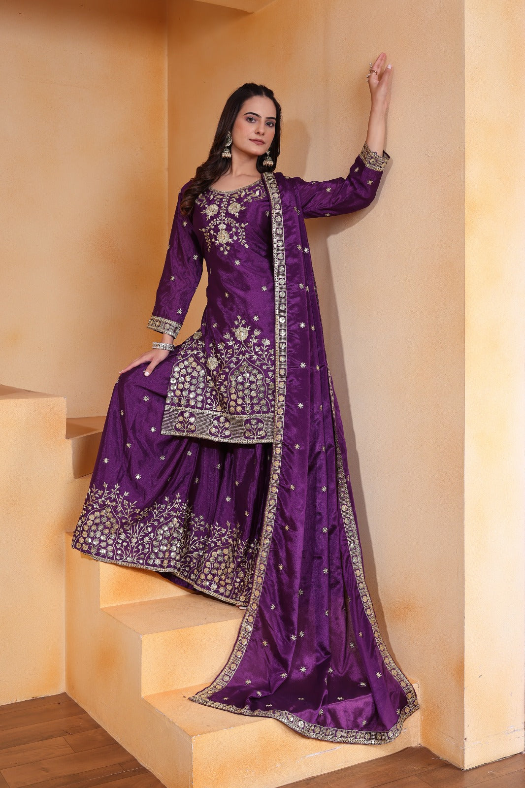 Designer Embroidered Chinon Sharara Suit With Sequence Embroidered Work