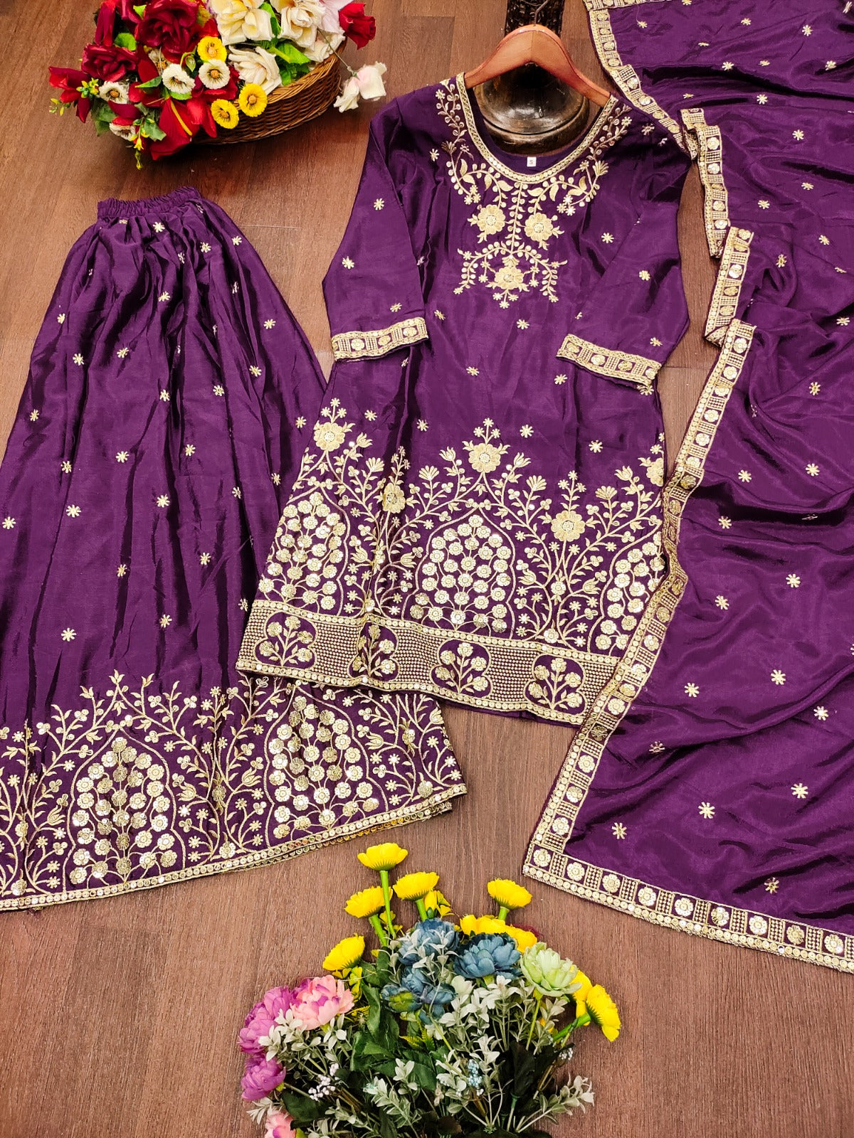 Designer Embroidered Chinon Sharara Suit With Sequence Embroidered Work