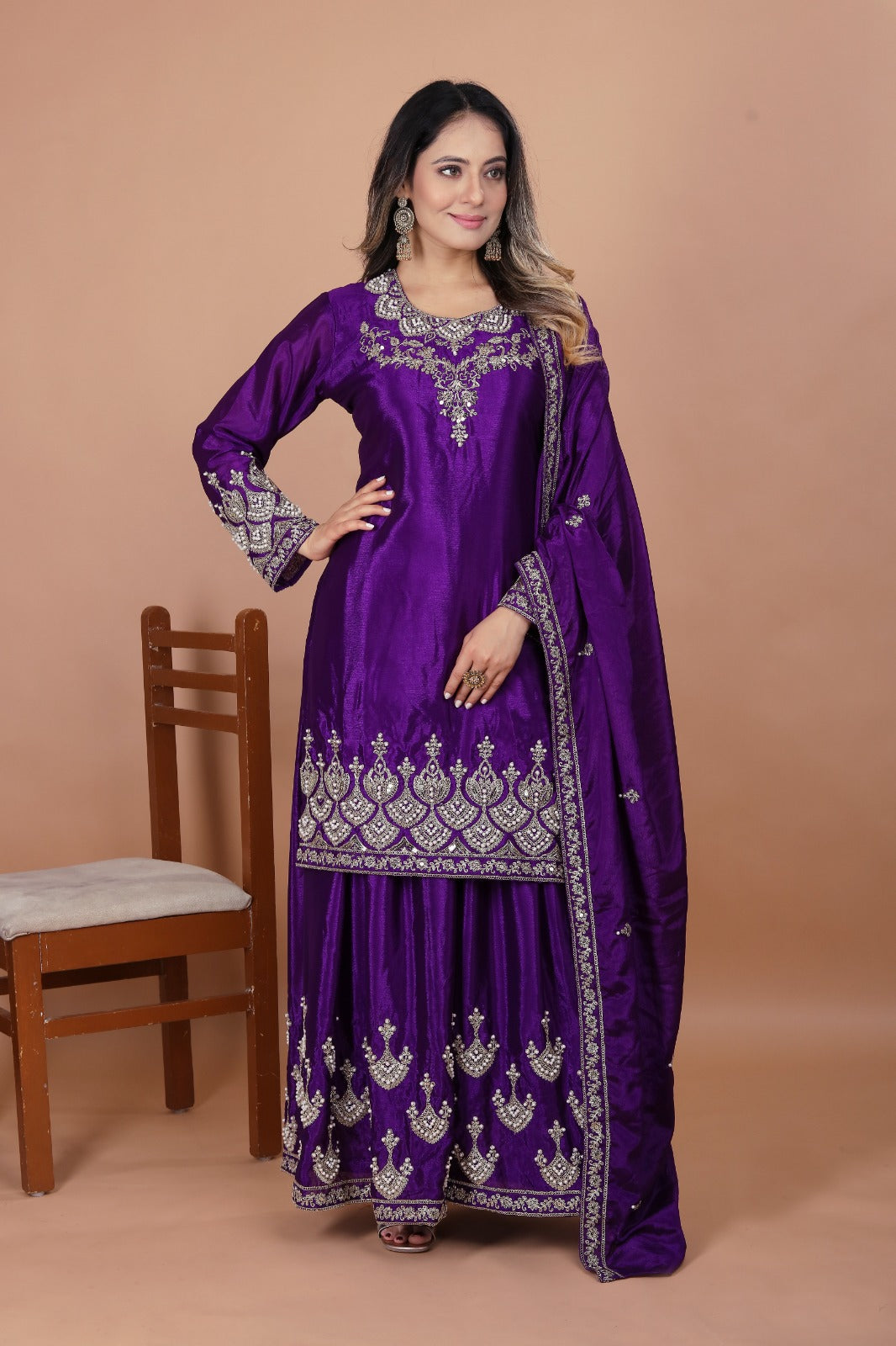 Designer Embroidered Chinon Sharara Suit With  Coding Sequence Embroidered Work And Rivet Moti Work