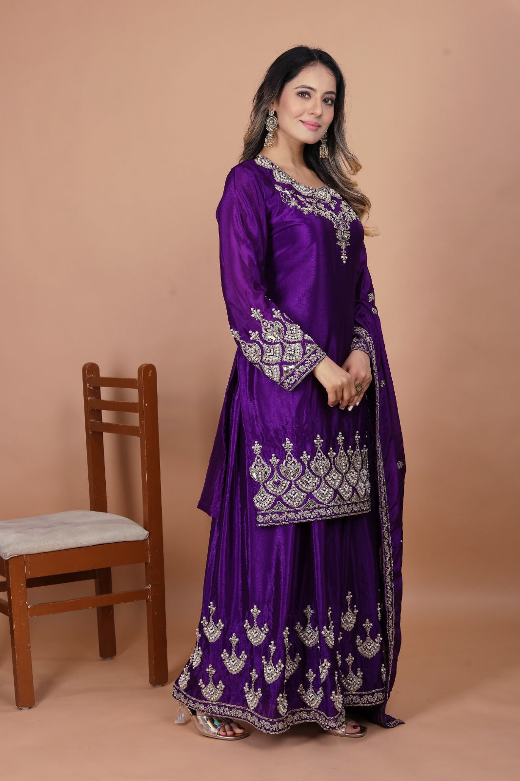 Designer Embroidered Chinon Sharara Suit With  Coding Sequence Embroidered Work And Rivet Moti Work