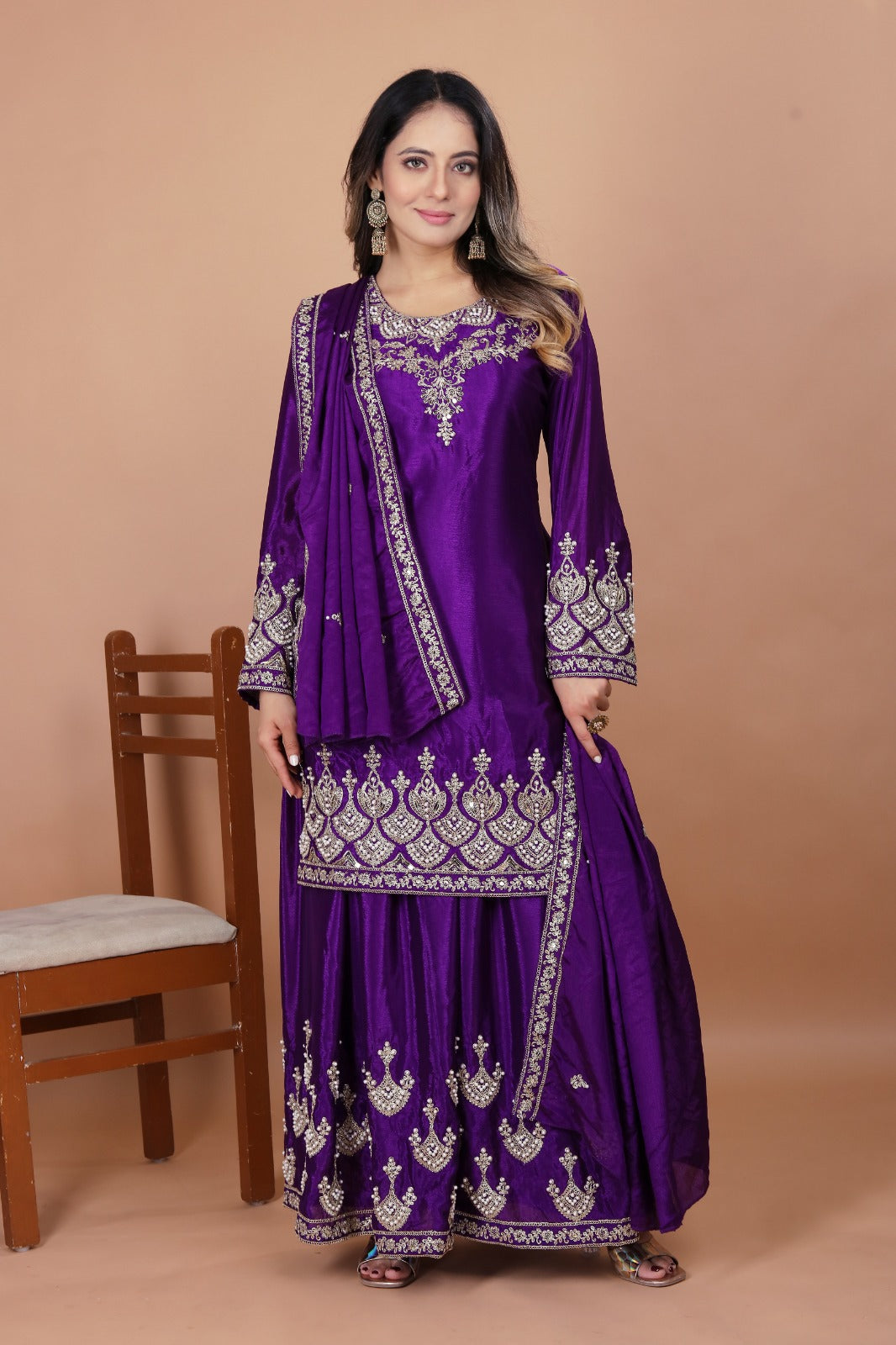 Designer Embroidered Chinon Sharara Suit With  Coding Sequence Embroidered Work And Rivet Moti Work