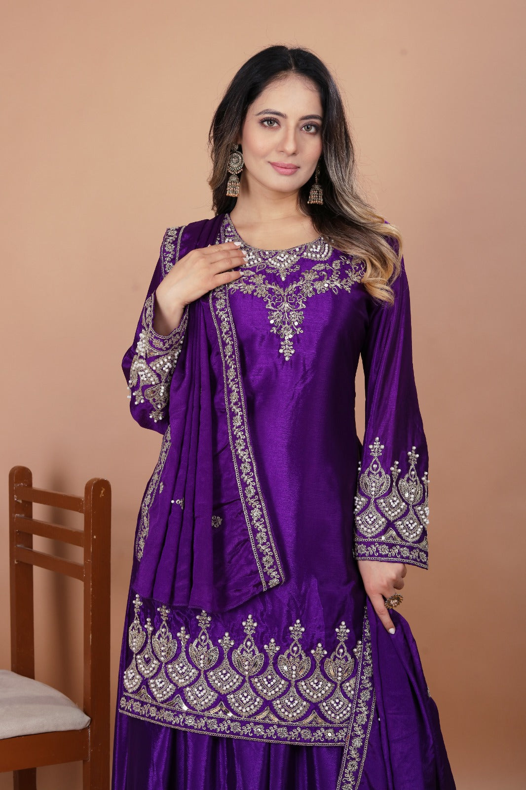 Designer Embroidered Chinon Sharara Suit With  Coding Sequence Embroidered Work And Rivet Moti Work