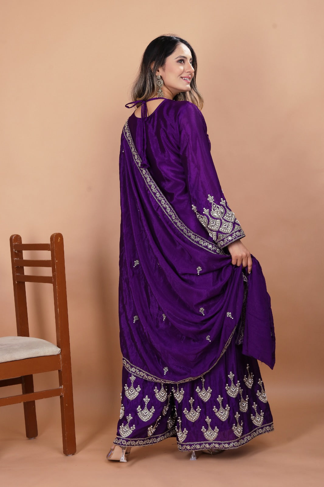 Designer Embroidered Chinon Sharara Suit With  Coding Sequence Embroidered Work And Rivet Moti Work