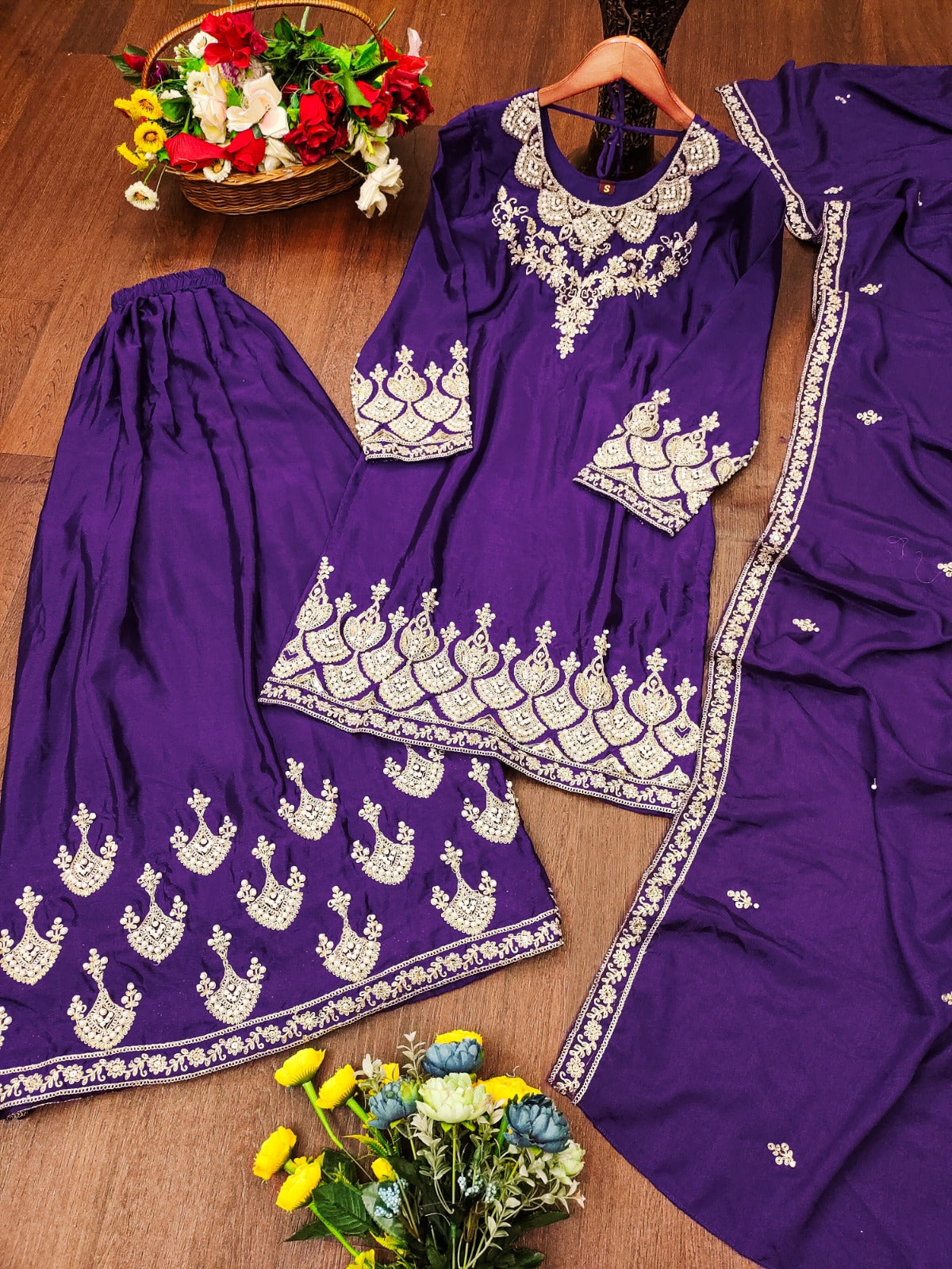 Designer Embroidered Chinon Sharara Suit With  Coding Sequence Embroidered Work And Rivet Moti Work