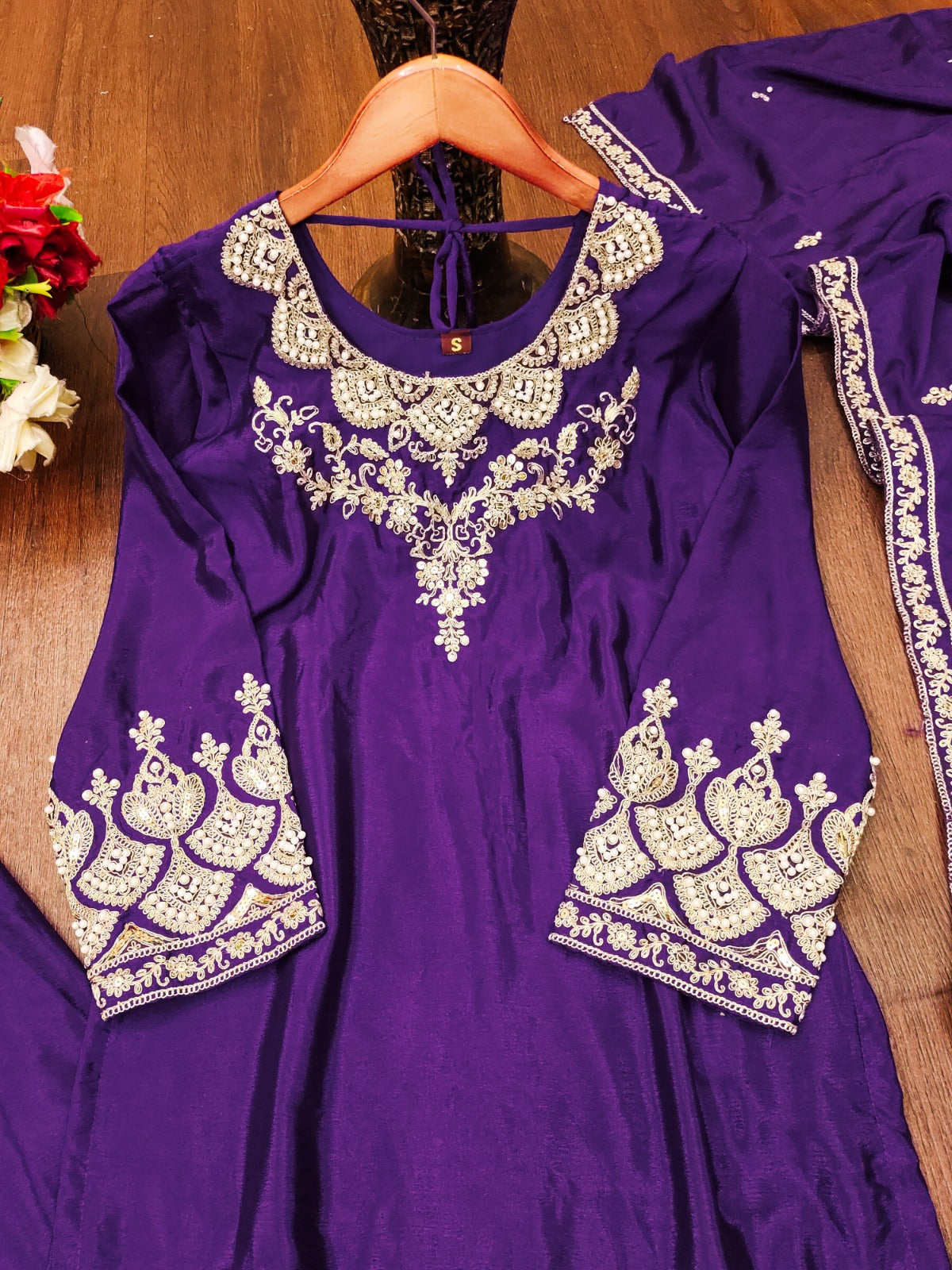 Designer Embroidered Chinon Sharara Suit With  Coding Sequence Embroidered Work And Rivet Moti Work