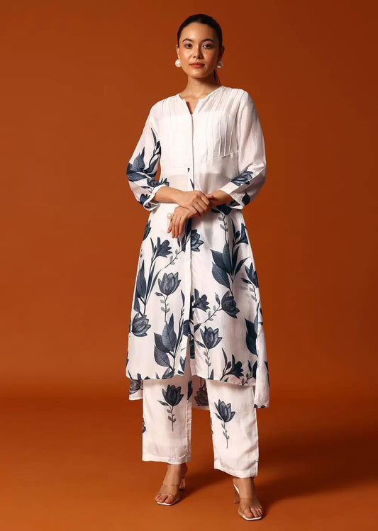 White And Grey Floral Printed Crop Top Palazzo Ensemble