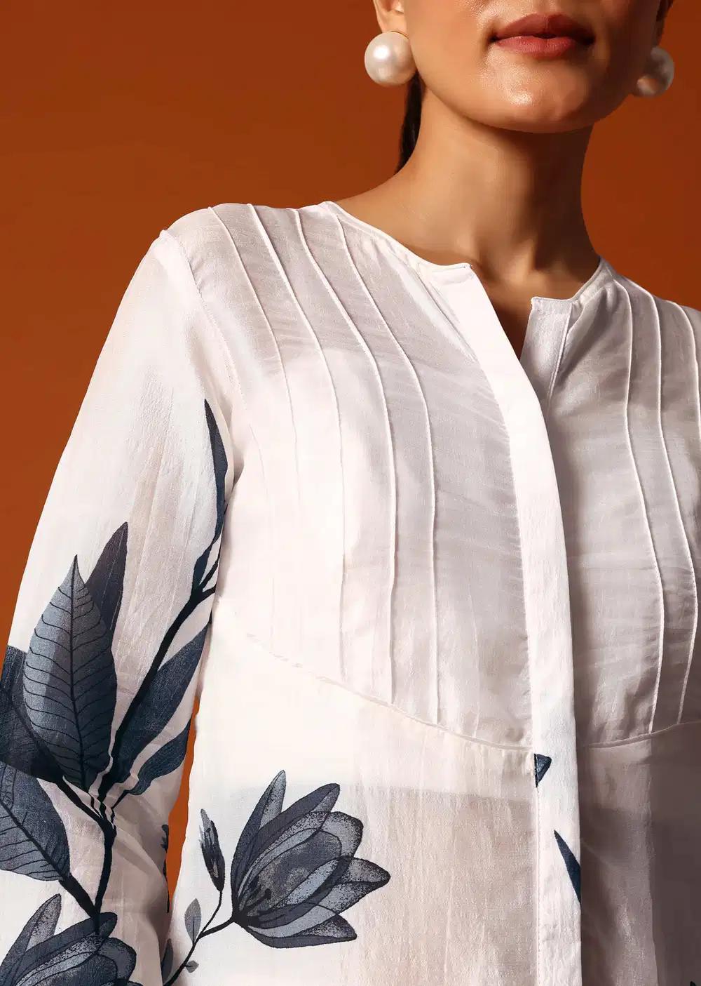 White And Grey Floral Printed Crop Top Palazzo Ensemble